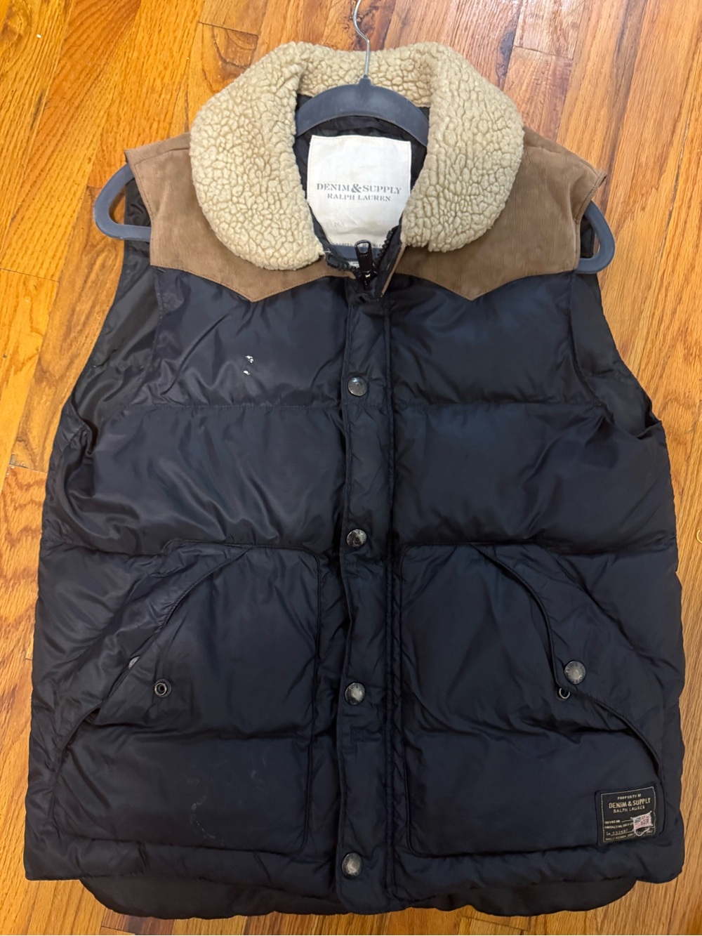 Denim & Supply Ralph Lauren Black Puffer Vest with Tan Shearling Collar